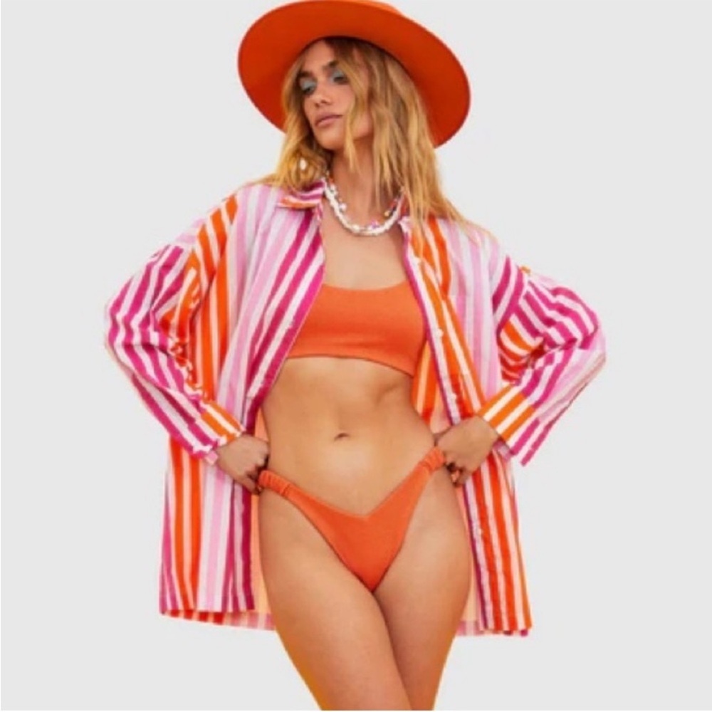 Beach Riot Alexa Sunset Stripe Button Down Tunic Cover Up Shirt L/XL